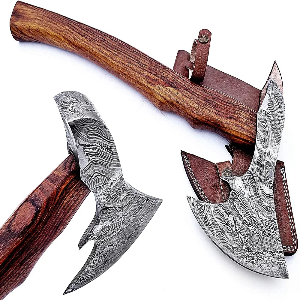 
Handmade Damascus Steel Viking Style axe Camping axe High Quality gorgeous & solid rose wood handle With leather sheath 