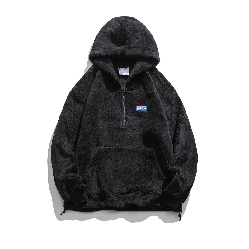 Heavy Plain Hoodies Teddy Fuzzy Black Sherpa Fleece Unisex Half Zip Orem Made Custom Oversized Cotton Hoodie