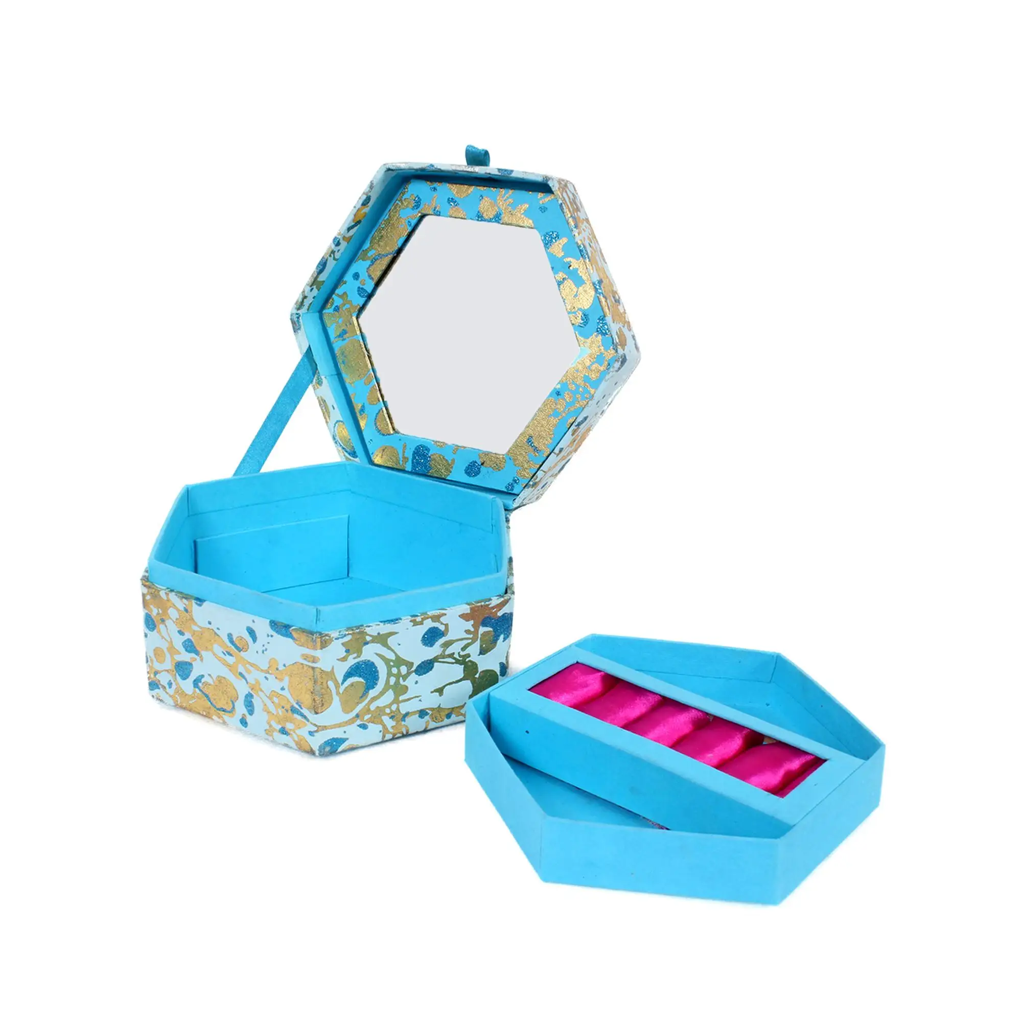 Hexagon Floral Print Designer Cardboard Storage Box with Mirror Handcrafted Jewelry and Cosmetic Luxury Blue Box Best Price
