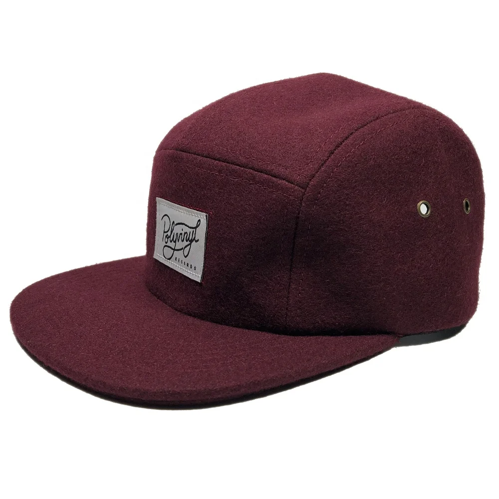 OEM claret men private woven label custom logo woolen winter 5 panel cap hats