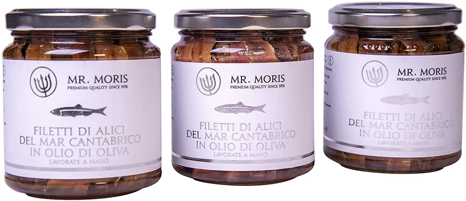 Premium Quality Anchovies Fillet from Cantabrian Sea in Extra Virgin Olive Oil Mr. Moris Made in Italy Kosher in Jar 320 g