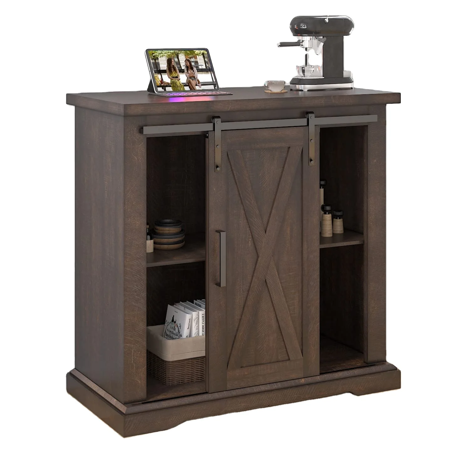 32 Inch Farmhouse Sliding Barn Door Accent Coffee Bar Sideboard Buffet Cabinet