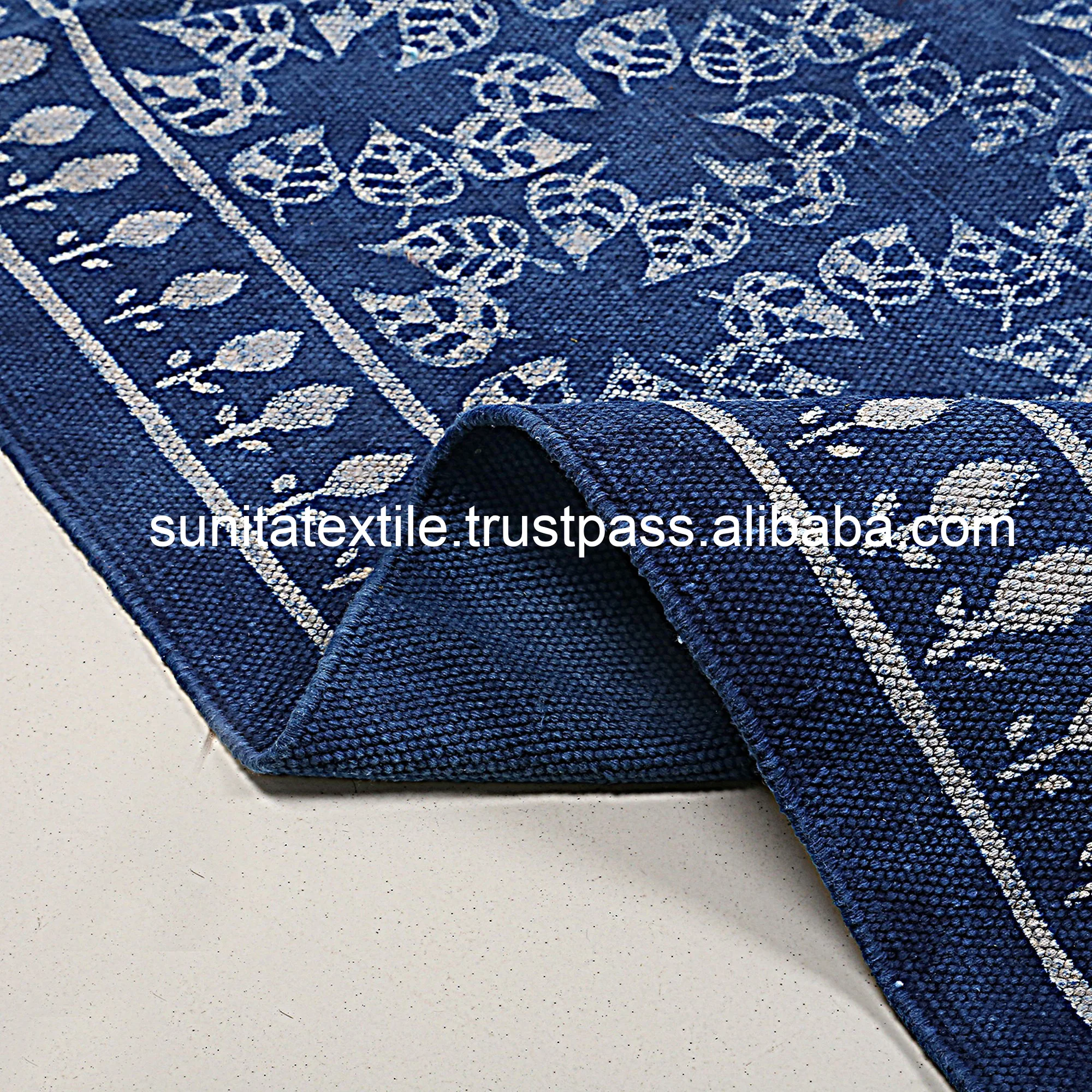 Wholesale Indian 100% Soft Cotton Handmade Bohemian Decorative Bed Runner Blue Indigo Block Printed Floor Area Outdoor Rug