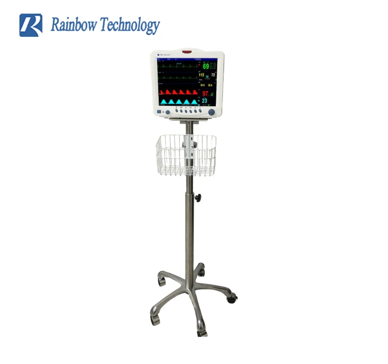 Hospital use medical monitor height adjustable portable mobile stand trolley/ cart with basket