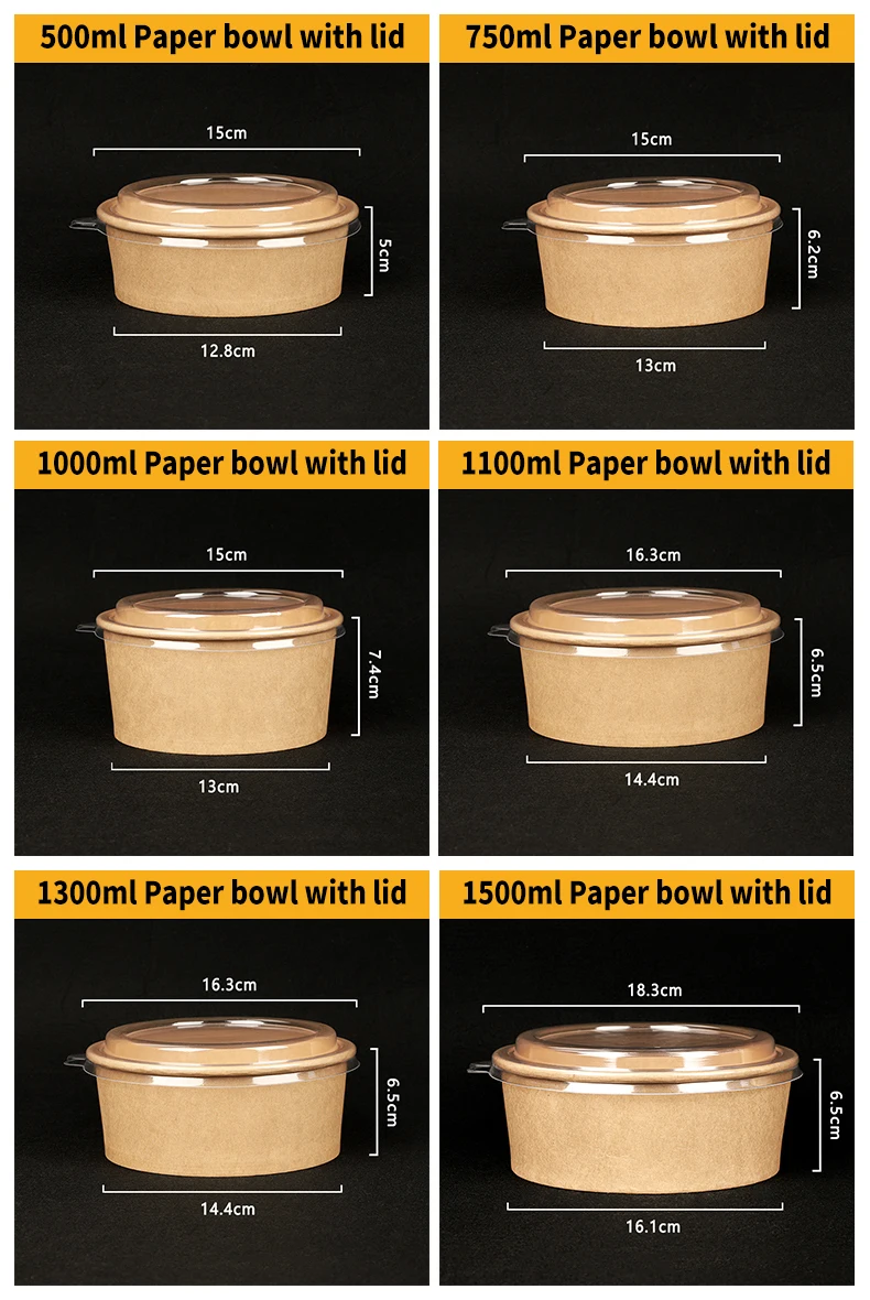 Get Free Sample 1000ml disposable kraft paper bowl biodegradable salad bowl coated with pe bops anti fog lid eco friendly