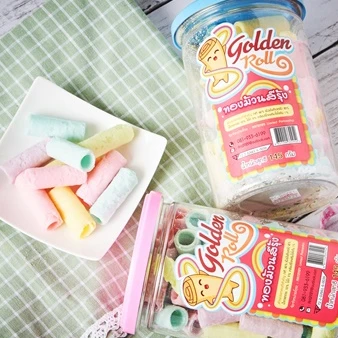 Free Sample  Wholesale Thailand Snack Rainbow Coconut Fruit Crispy Rolls by Golden Roll