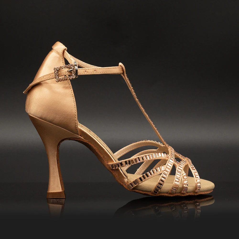 Suphini Champagne Satin Crystal Women Dance Latin Sandals Shoes