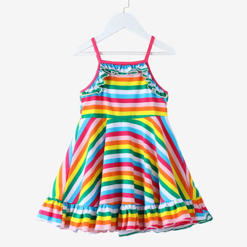 New Fashion Casual Rainbow Striped Print Sleeveless Casual Dress For Girls