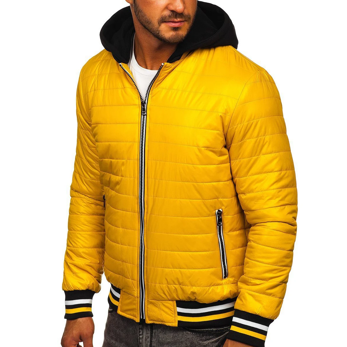 Мужская стеганая легкая куртка-бомбер с капюшоном желтая мужская куртка из натуральной кожи дышащая уличная зимняя