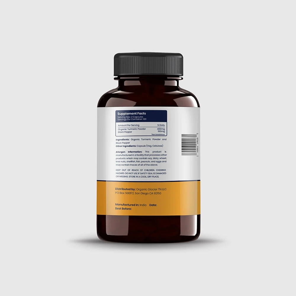 Органический ледник предоставляет куркуму и черный перец в 120 капсулах действующих как противовоспалительный антиоксидантный