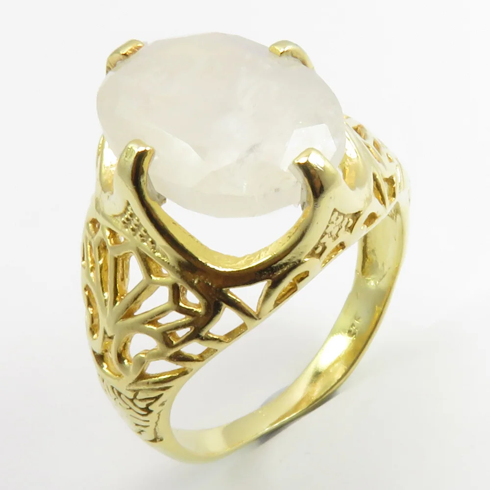 
925 Solid Silver Gold Flashed Rainbow Moonstone Ring Sz 9 5.1 Grams New Gemstone 