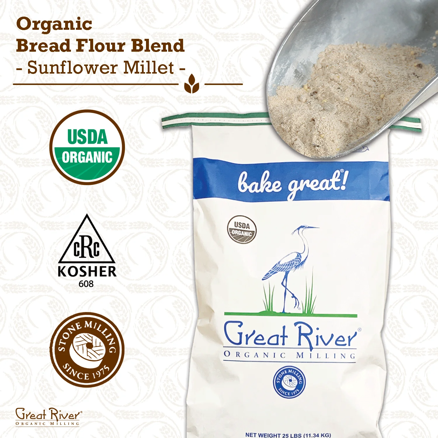 Great River Organic Milling Bread Flour Blend, Stone Ground, Organic, Sunflower Millet, 25 Pound (Pack of 1)