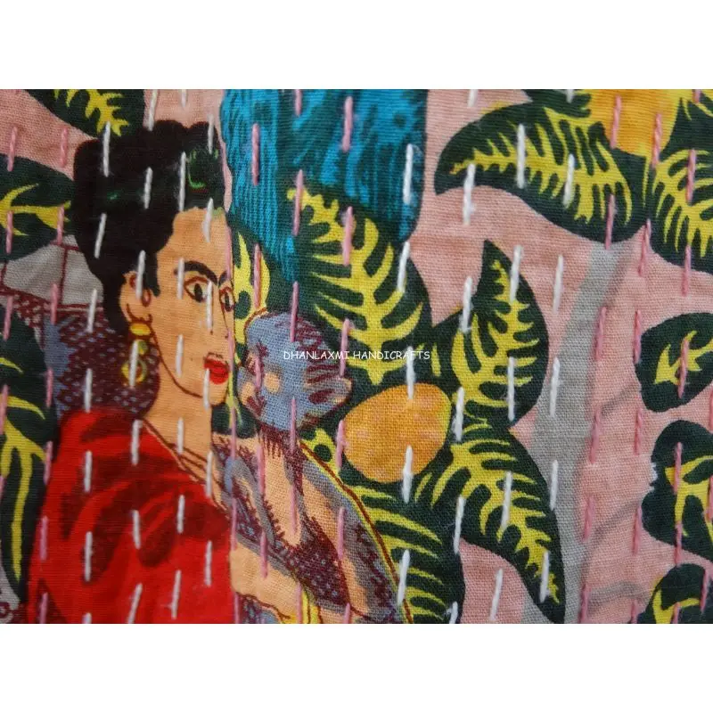 Индийская розовая Фрида Кало красивое домашнее декоративное покрывало ручной работы оптом хлопковое Kantha с принтом