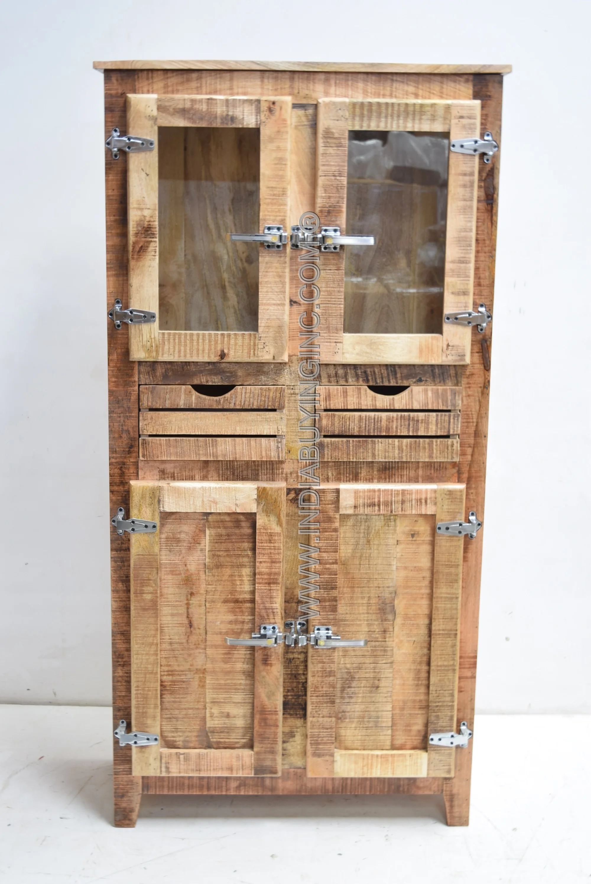 Indian Handmade Furniture Vintage Recycled Wooden Mirrored Display Rack Storage Cabinet for Home Kitchen and Commercial Places