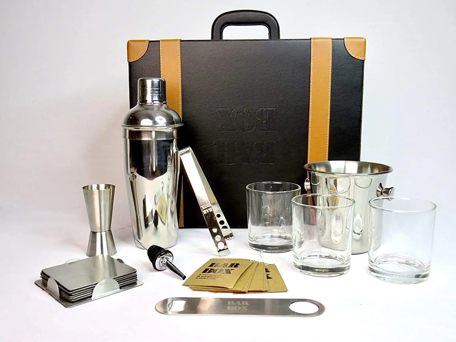 Bar Box Portable Leather Bar Set with 3 Whiskey Glass Bar Set Vintage Black