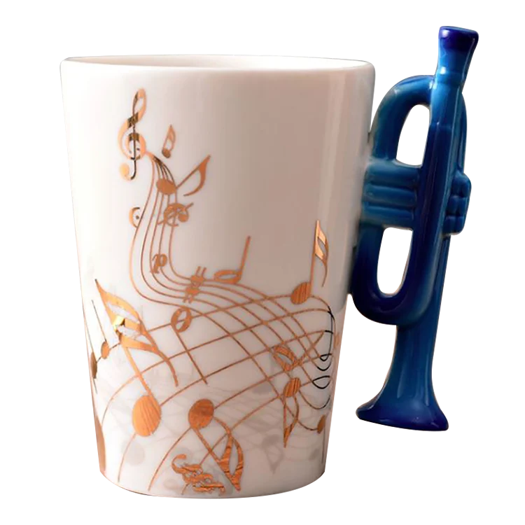 Blue Musical Design With Unique Trombone Handle Ceramic Coffee Mug