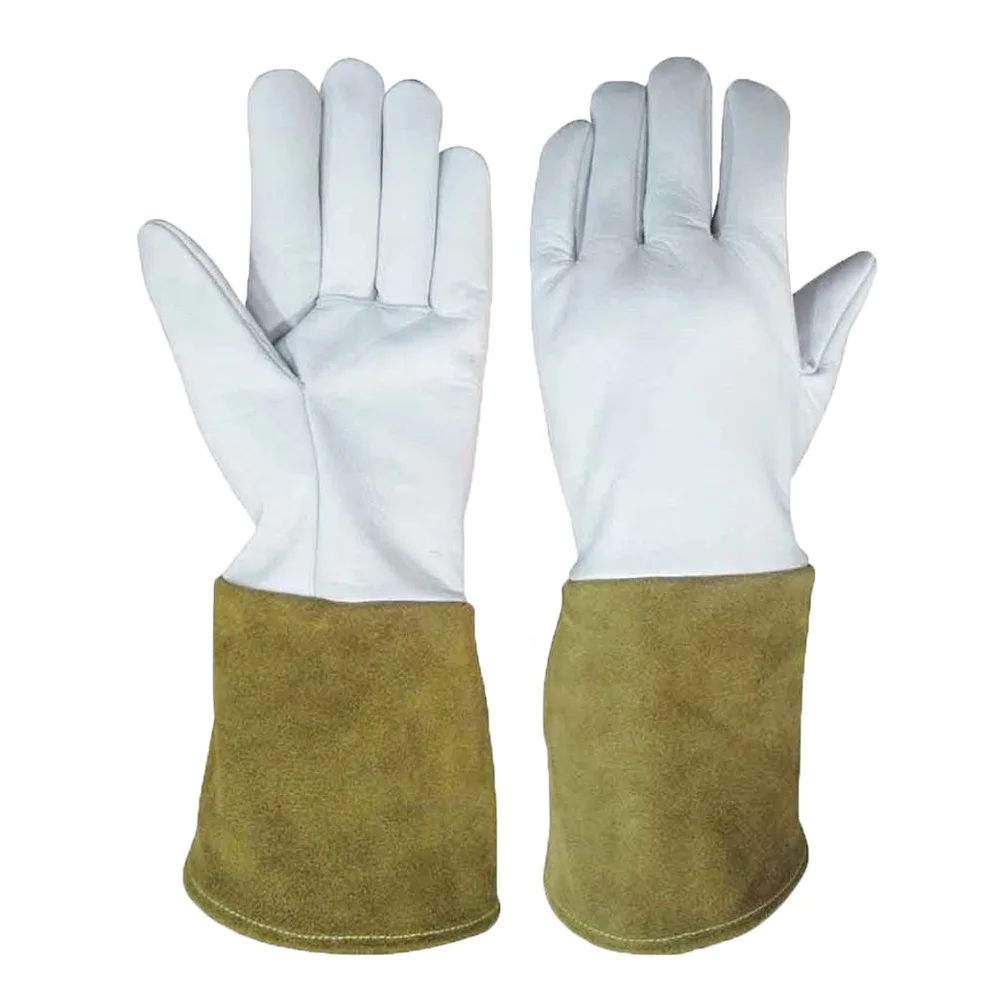 Heat Resistant Safety Work Welding Gloves Tig Grain And Cow Leather Long Cuff White Top Cow