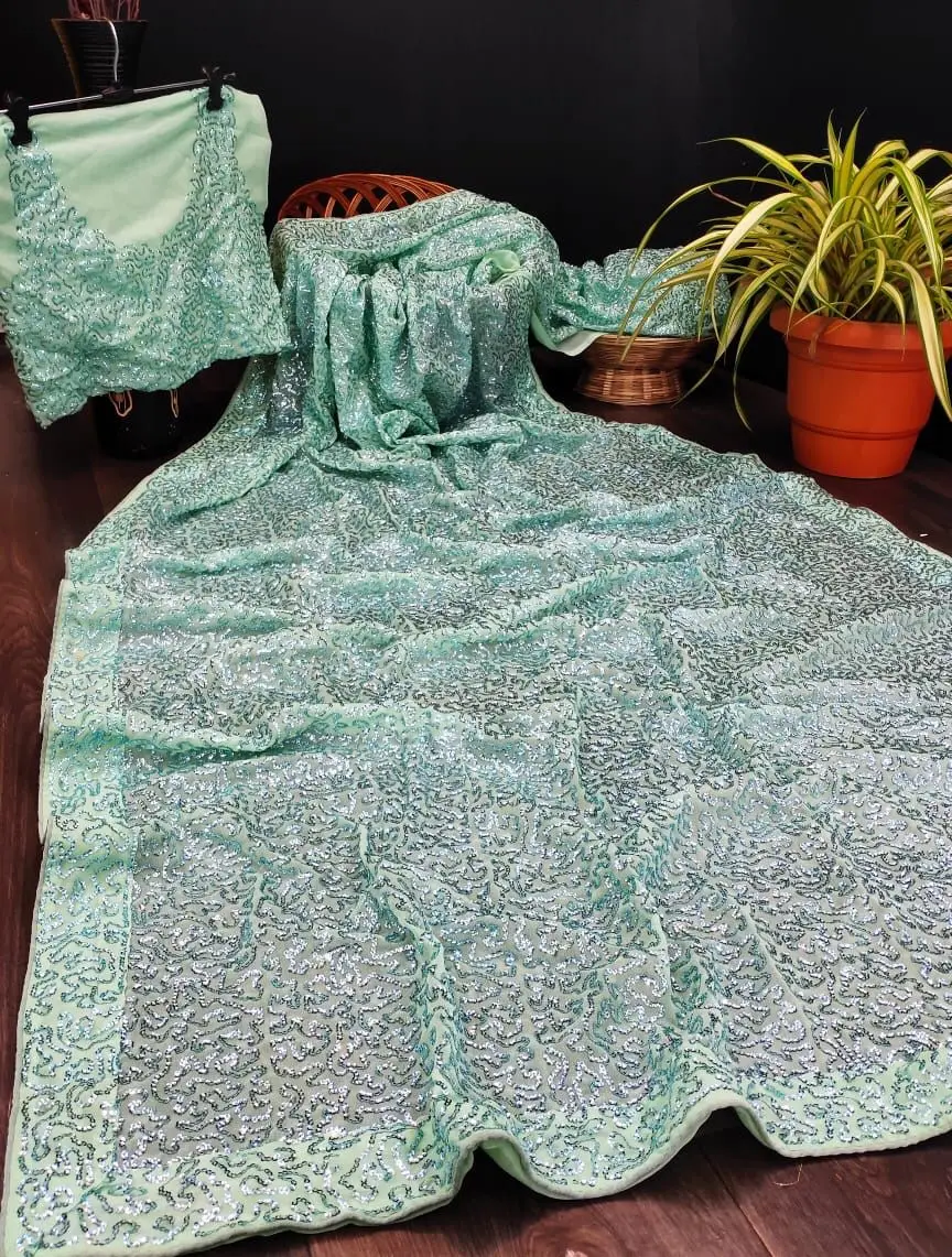 GEORGETTE WITH EMBROIDERY CHEN WORK SAREE FROM OMVAGMINE