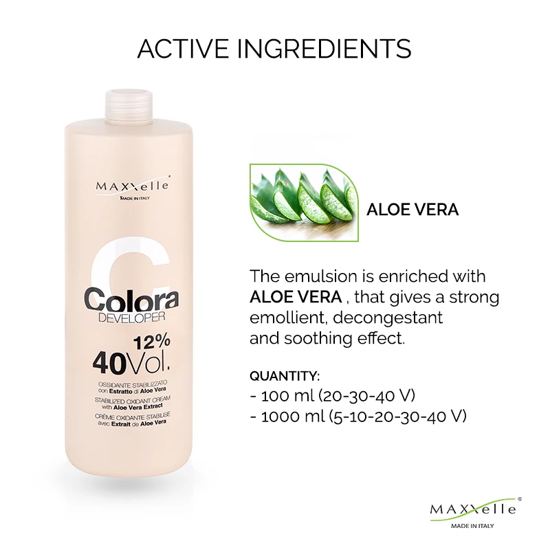 Color Cream Developer 12% 40V Stabilized Oxidant with Aloe Vera 100% Made in Italy Hair 1000 ml