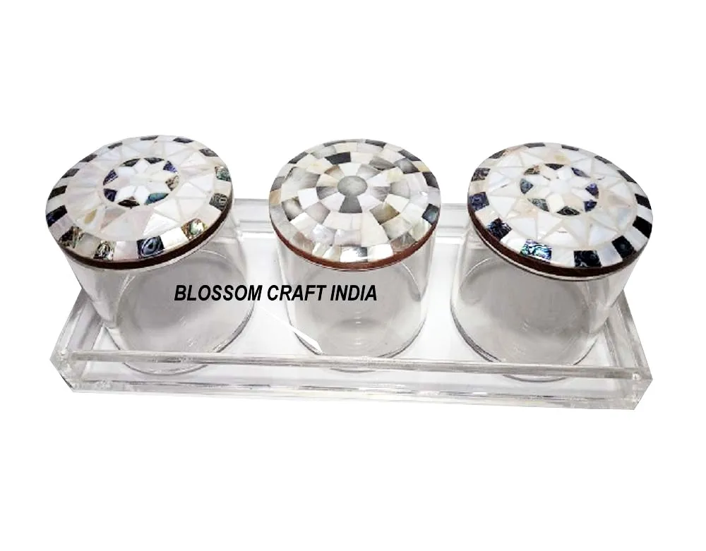 Luxurious Acrylic Jar with Mother of Pearl inlay Bone inlay Wooden Lid Multipurpose Container Boxes