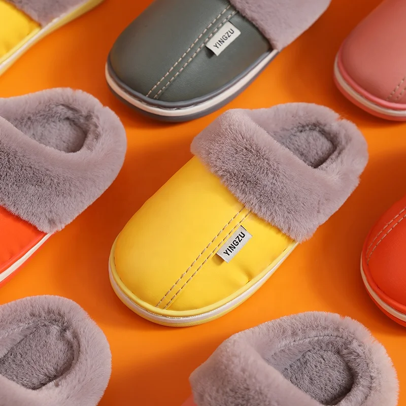 2021 Hot-Selling Pu Leather Warm Fashion Waterproof  Dirt-Resistant Home Indoor Cotton Slippers For Children