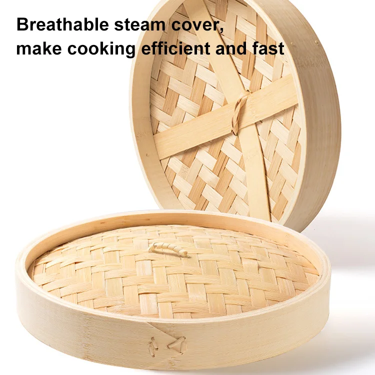 Bamboo Steamer Basket 10 Inch 2 Tier - Steam cooker for dim sum dumplings, bao bun, rice, fish, vegetable, handmade kitchen cook