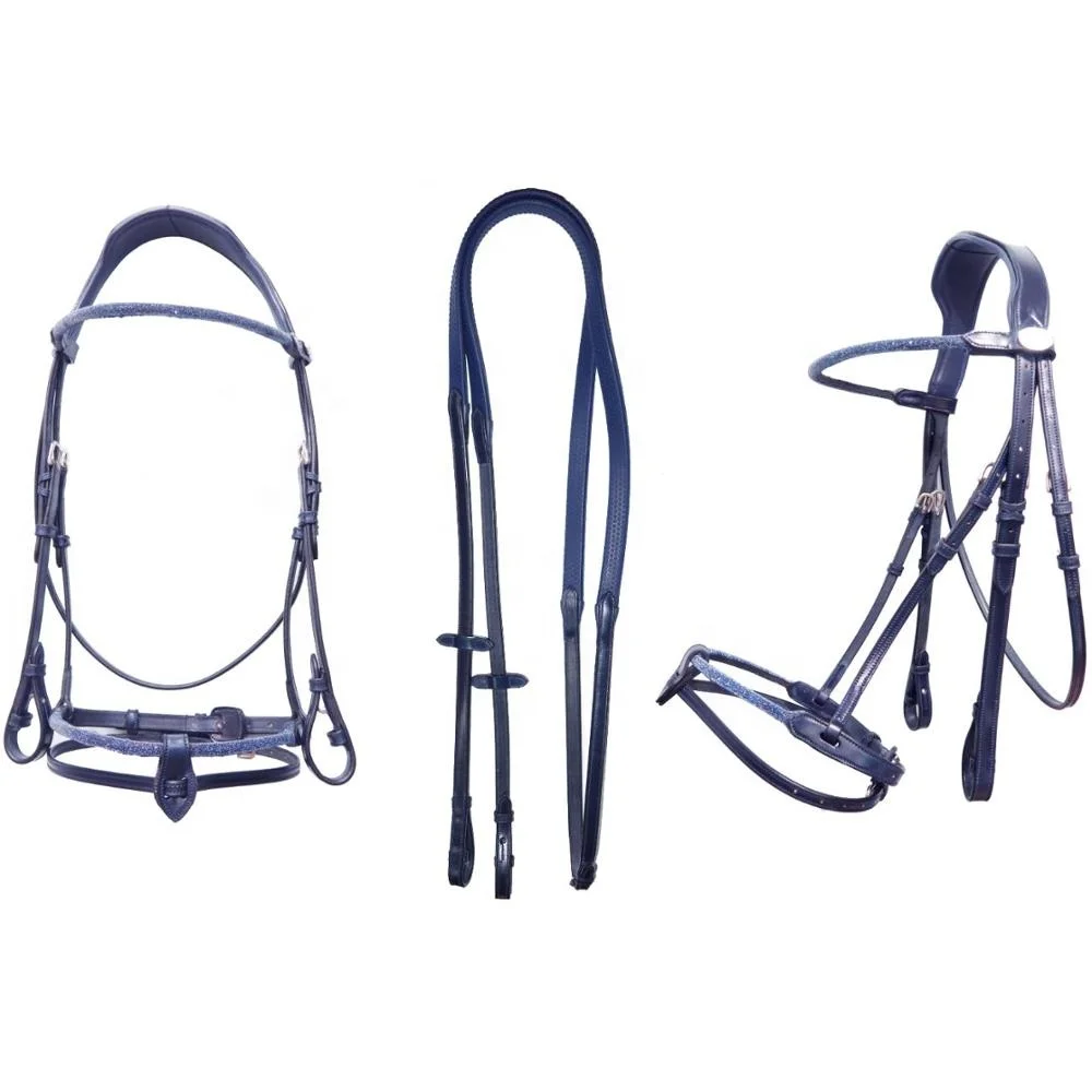 High Customized Navy Sparkle Flash Bridle Anatomic Western Style Horse Bridle made Leather Stylish Riding Equestrian Sports