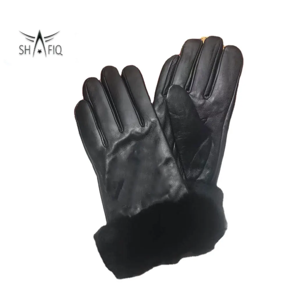 Rib Logo Printed Design High quality Goat Leather Winter Gloves Fashion Soft Black Leather Gloves