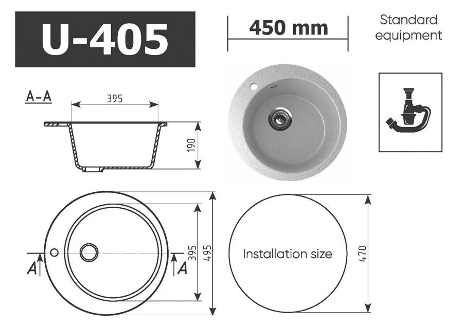 Quality kitchen sink ULGRAN U-405 round with mixer tap hole, composite sink
