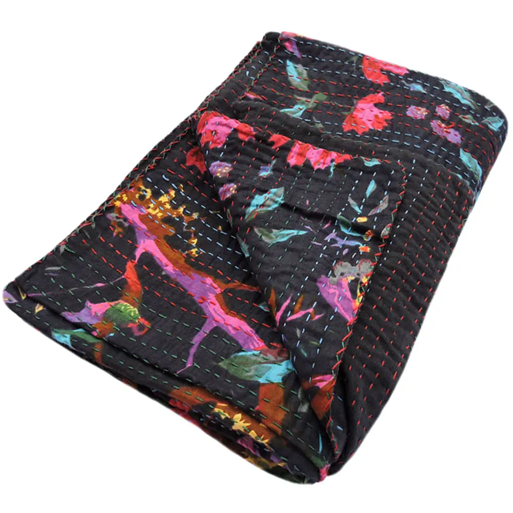 Handmade Black Bird kantha quilt Boho Bedspread