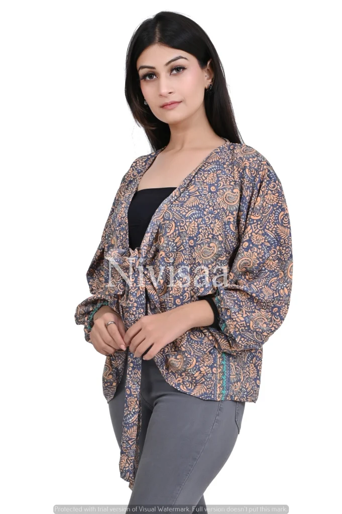 Hot Selling Beautiful Bohemian Printed Viscose Silk Top Robe Closure Custom Long Sleeves Top for Women and Girls