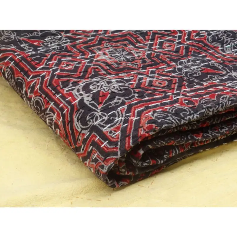 Красивое Хлопковое одеяло Kantha в черном цвете ручной работы домашнее декоративное покрывало оптовая продажа индийское Ajrakh с ручным принтом Gudari