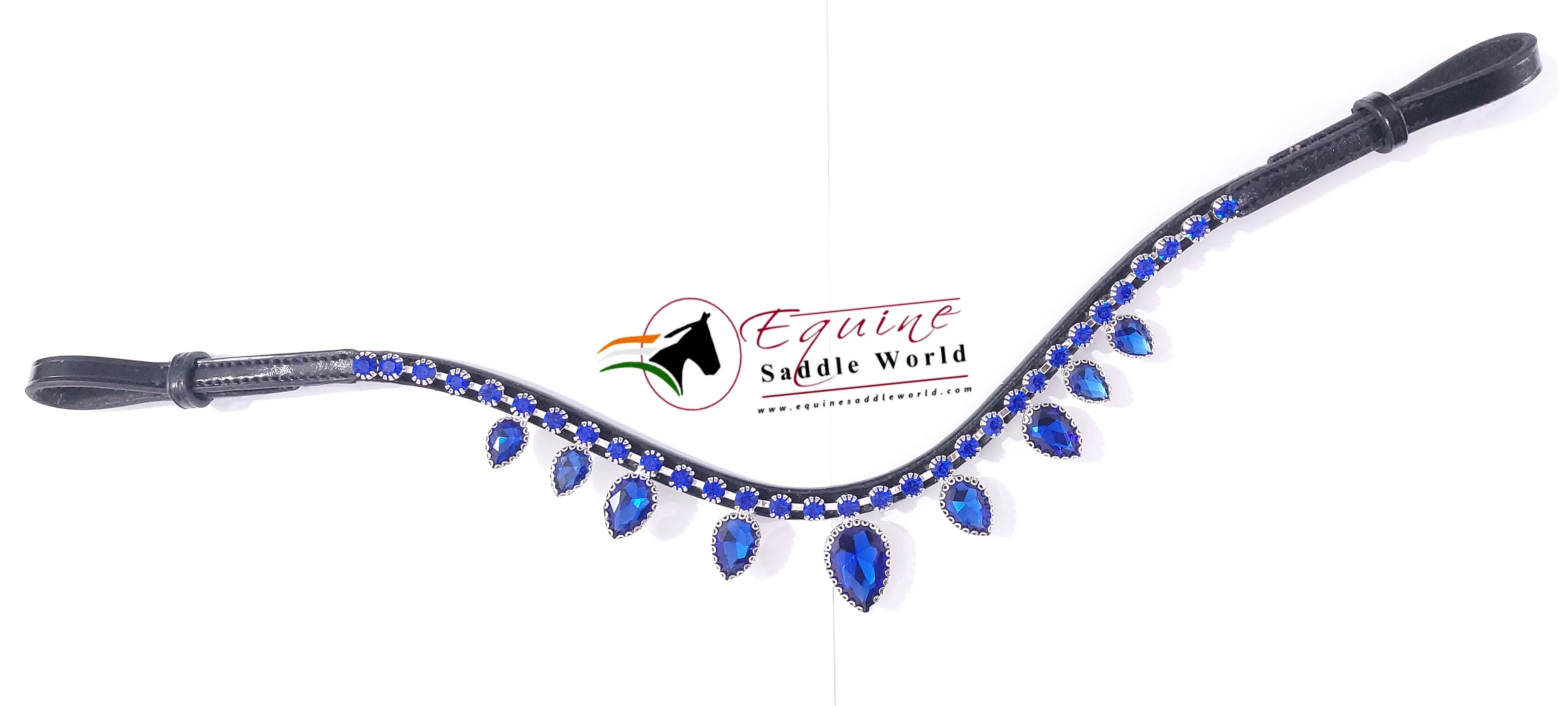 LUXURY EQUESTRIAN HORSE BROW BAND WITH BLUE HANGING CRYSTALS TRENDY WITH BACK OPEN STICKY TAPE AT LOOP.