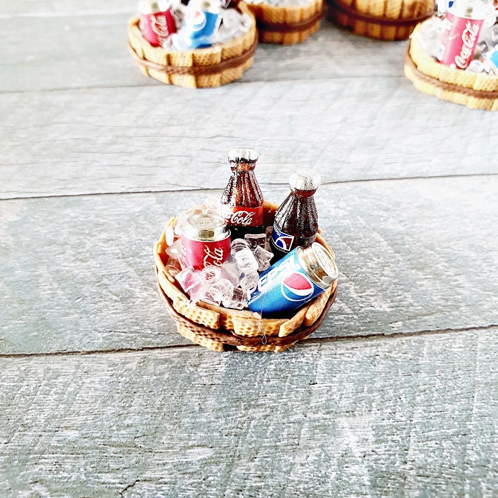 Dollhouse Miniatures Drink Beverage  Coke Pepsi Bottles Ice basket Set