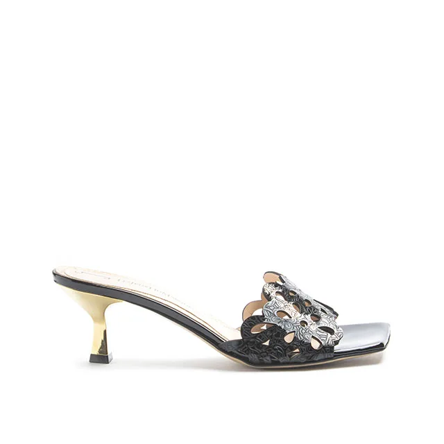 Handmade in Italy kitten heels laser engraved patent leather woman sandals