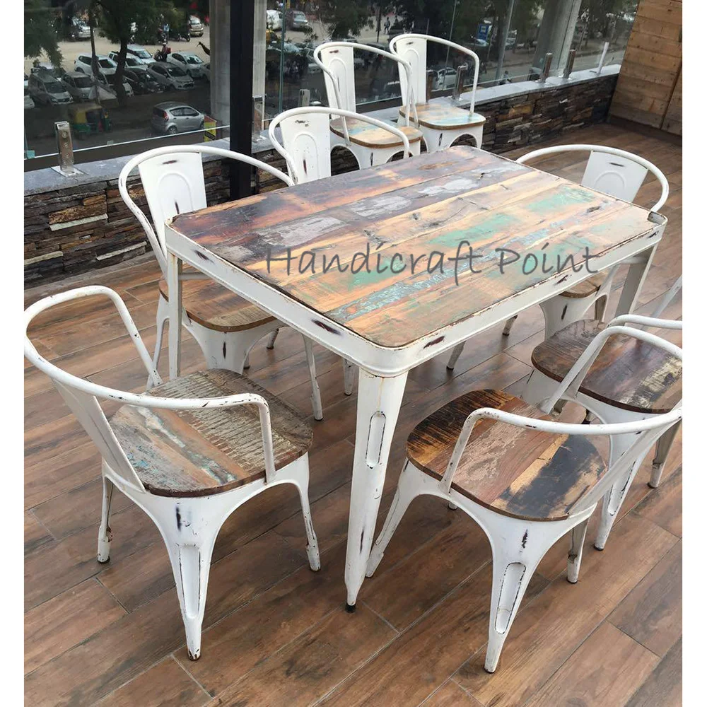 White Distressed Industrial Arm Chairs And Table With Reclaimed Color Wooden Top 4 Or 6 Seating