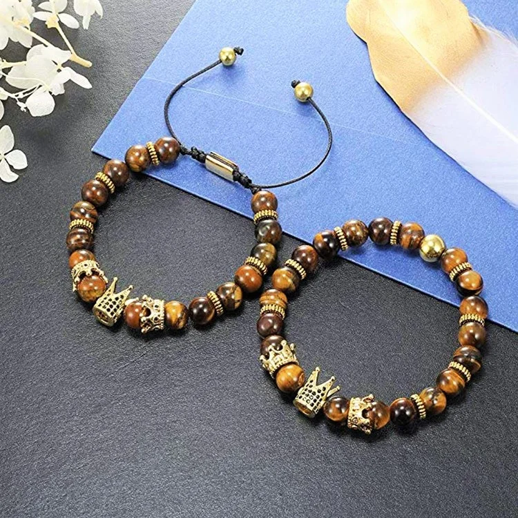 Crown Bead Leather Bracelet with Silver Luxury Charm Adjustable for Men Women King Queen Style Comes Elasticity Bag Packaging