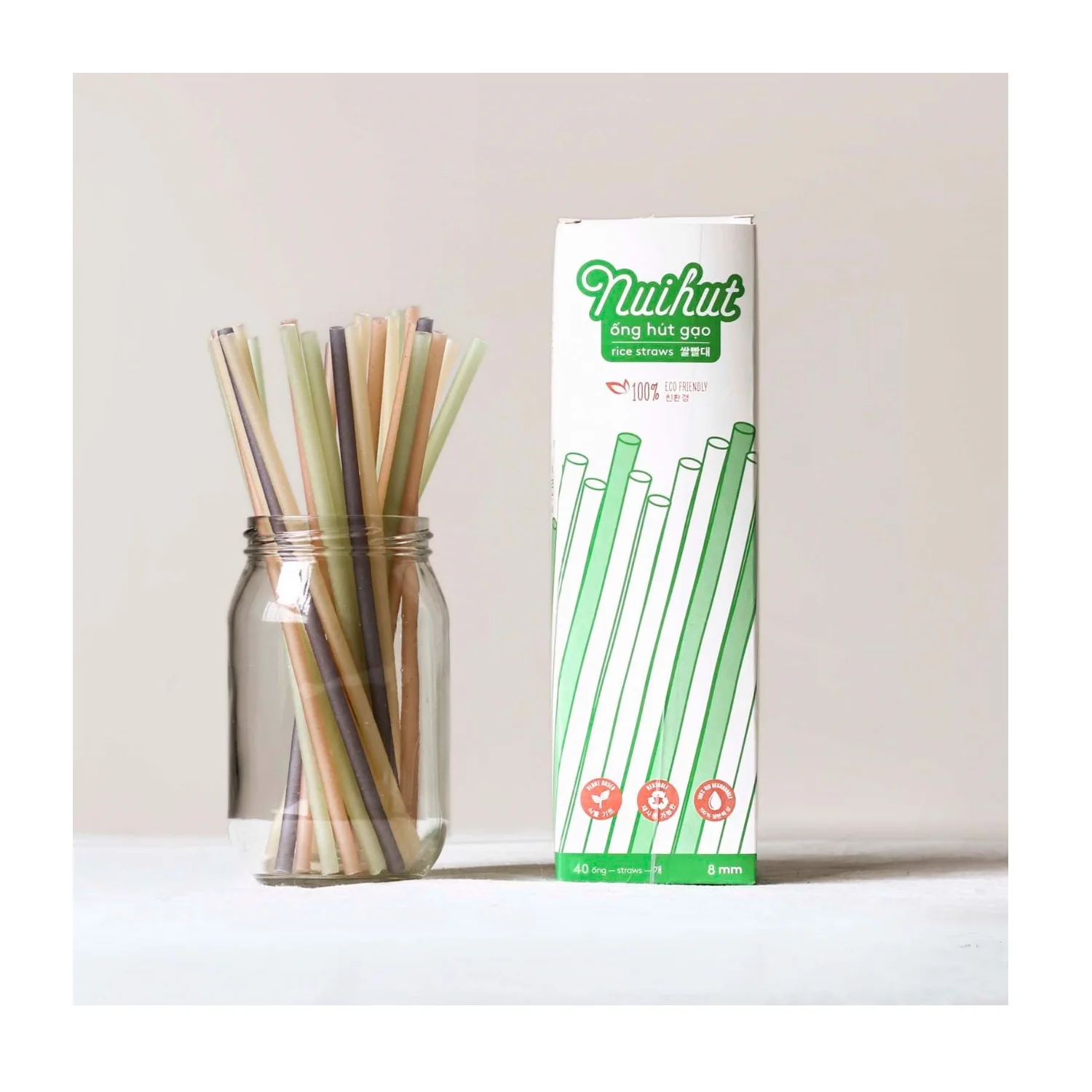 OEM Disposable Edible 22 cm Length Colorful Rice Flour Material Paper Rice Straw 8mm Drinking Straw Mix Color From Vietnam