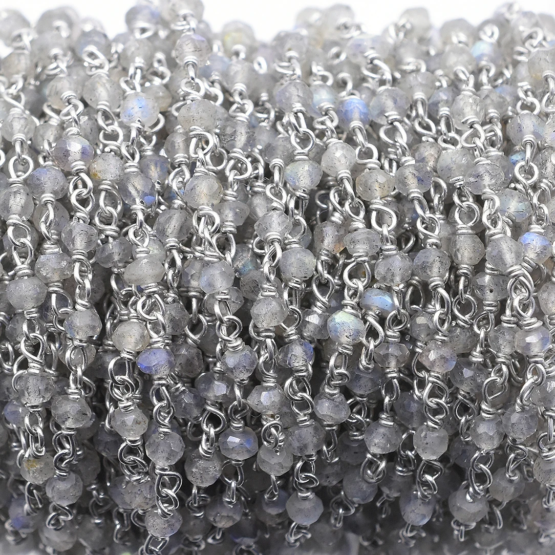 Labradorite Rondelle Shape Sterling Silver Silver Plated Rosary Wire Wrap Chain For Jewelry