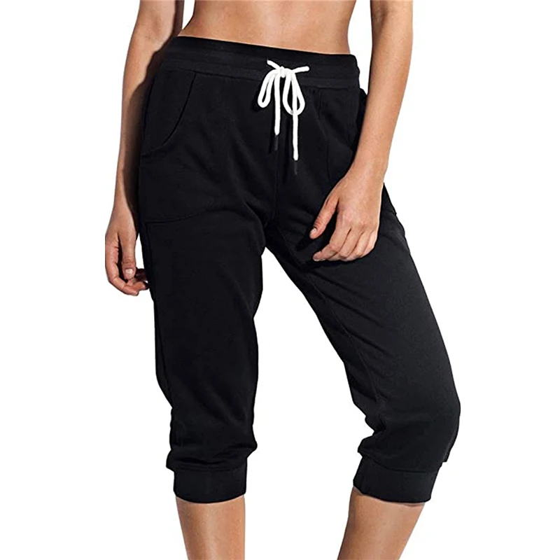  Женские спортивные брюки-Капри укороченные штаны для бега свободные отдыха с завязками на талии и боковыми карманами