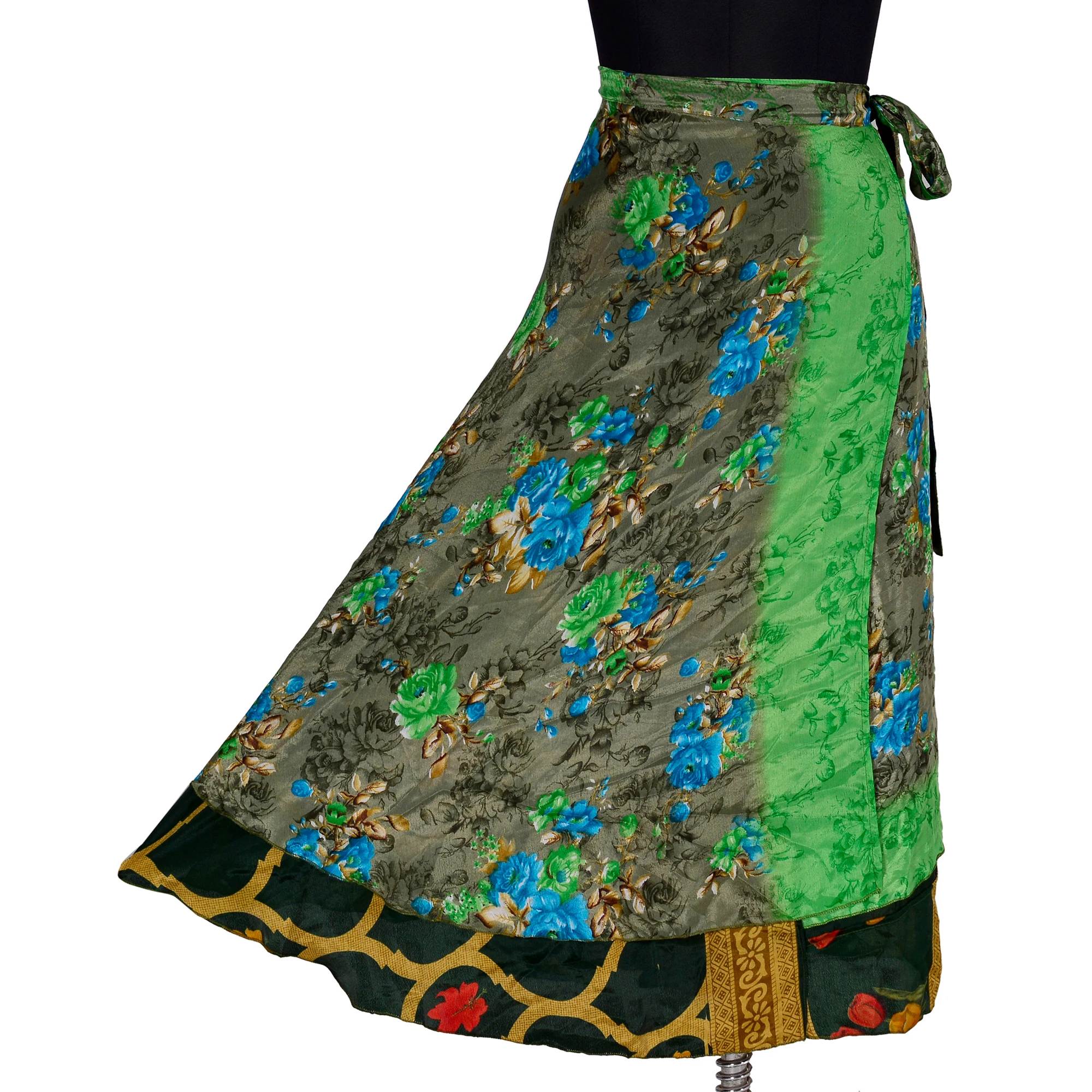 Vintage Silk Skirt Bohemian Wrap Summer Long Maxi Skirt Hippie Beach Women Gypsy Sari Floral Girls Skirts