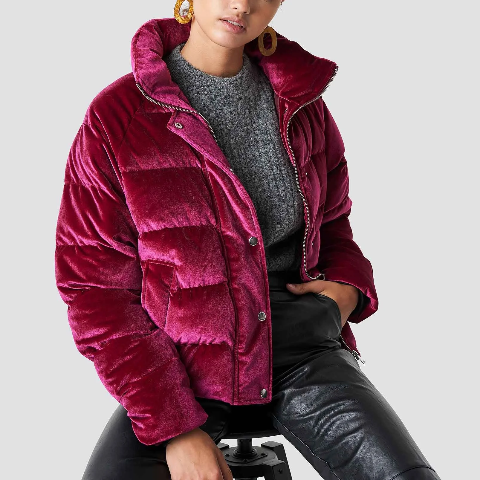 Latest Top Quality Style Winter Warm Neck Cropped Soft Velvet Puffer Jacket Women