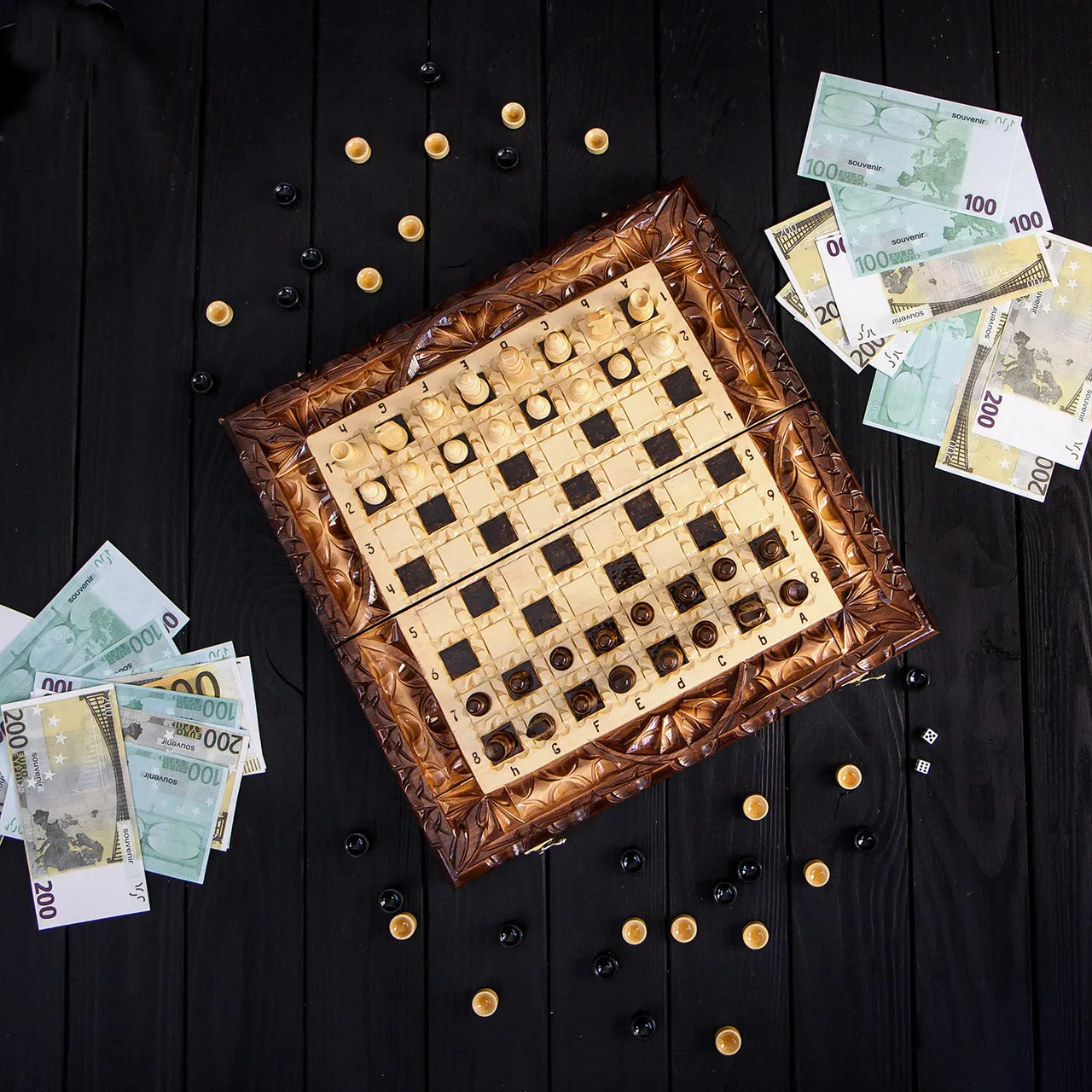 Handmade carved chess, checkers, backgammon 3 in 1 board game