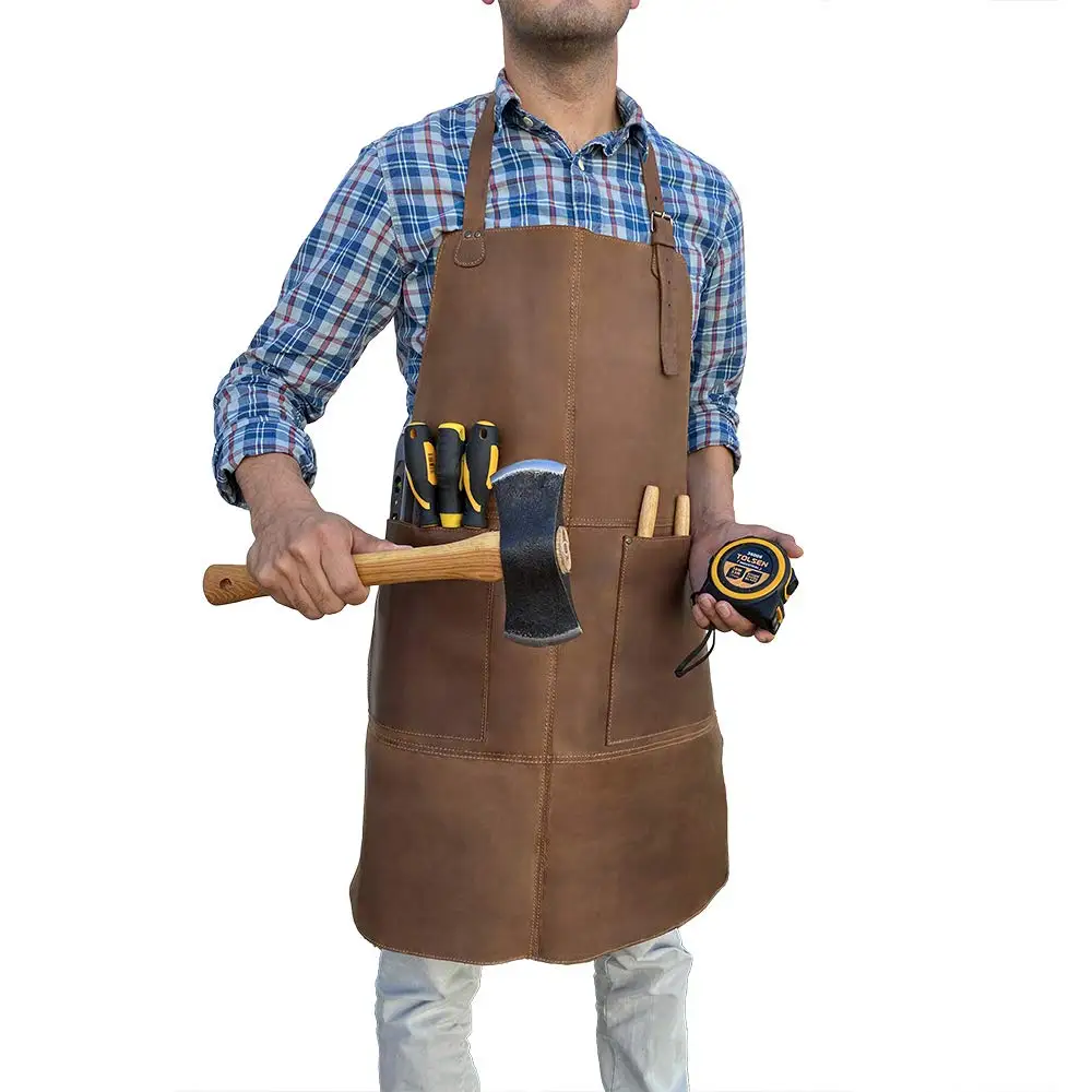 Real Cow Leather Hide & Drink, Durable Leather Apron/Utility/Tool Pockets/Adjustable/Chef/Butcher/Metalworker/Carpenter