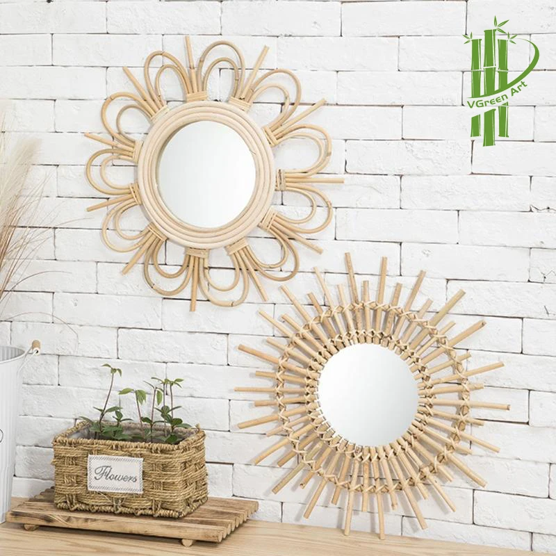 Wholesale Vanity Mirror Home Decor Flower Round Rattan Framed Mirror Decorative Wall Mirror for Home Hotel Restaurant Cafes