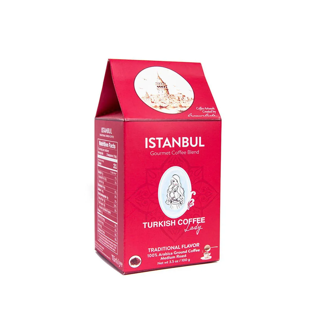 Turkish Coffee Lady Istanbul Gourmet Coffee Blend 100g Traditional Flavor 100% Arabia Ground Coffee Medium Roast 1 % Brix 0.1 Kg