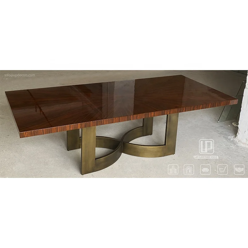 Exclusive Design Customized  Antique Dining Table  Stainless Steel Luxury Bronze Base Wooden Top Dining Tables