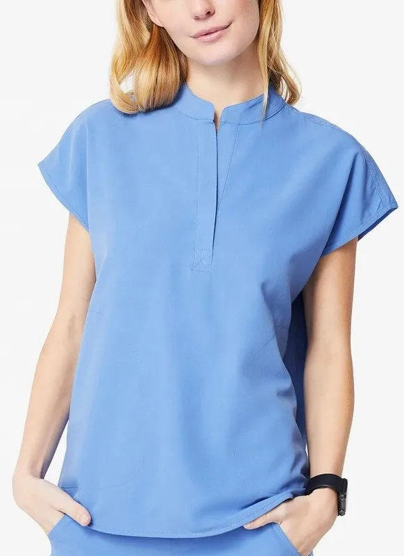 One Button Placket Mandarin Collar Drop-Shoulder Silhouette Comfy Nursing Women Scrubs Tops Uniform