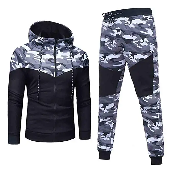 2021 Camouflage Printed Casual camo Solid Patchwork tracksuit Men 2Pcs Warm Sportswear Hoodies Pants Suit set for men