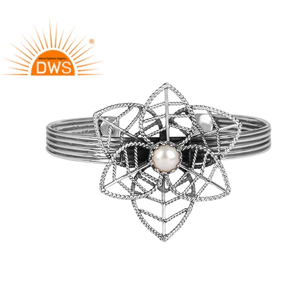Natural White High Quality Pearl Gemstone Oxidized 925 Sterling Silver Statement Floral Cuff Bangle Jewelry Wholesaler
